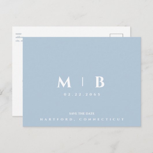 Eenvoudige lichtblauwe monogram trouwkaart 'Save t Briefkaart (Voorkant / Achterkant)