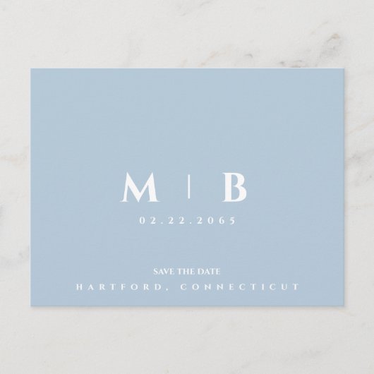 Eenvoudige lichtblauwe monogram trouwkaart 'Save t Briefkaart (Voorkant)