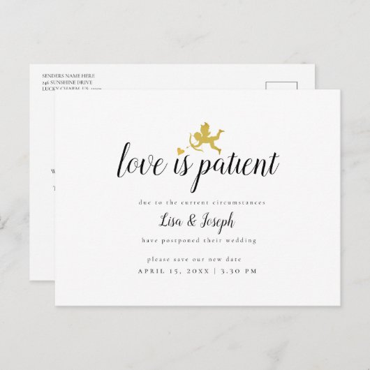 Eenvoudige Liefde Is Geduldig Uitstel van Datum Aankondigingskaart (Voorkant / Achterkant)