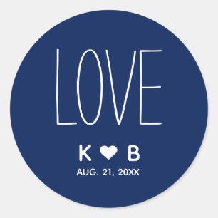 Eenvoudige LIEFDE Navy Blue Bruiloft Initialen Mon Ronde Sticker