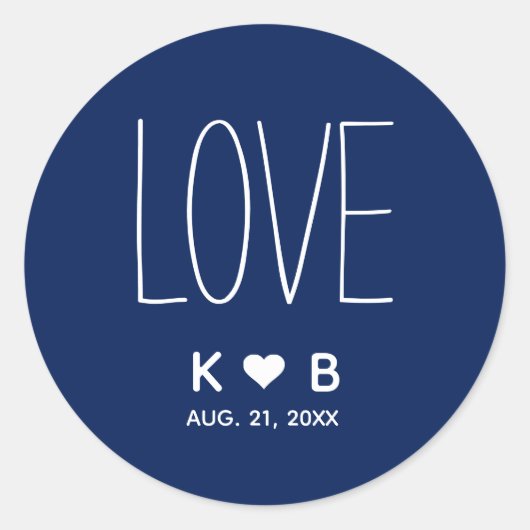 Eenvoudige LIEFDE Navy Blue Bruiloft Initialen Mon Ronde Sticker (Voorkant)