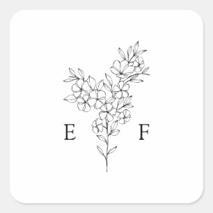 Eenvoudige Lijn Kersenbloesem Krans Monogram Trouw Vierkante Sticker