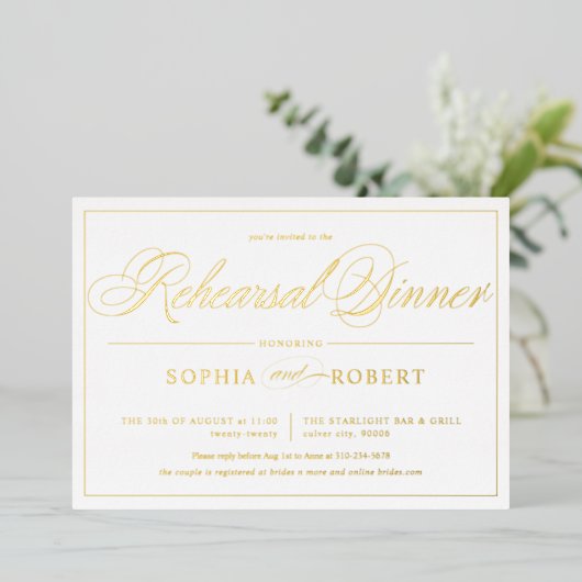 Eenvoudige lijnen Calligrafie Elegant Rehearsal Di Folie Uitnodiging (Staand Voorkant)