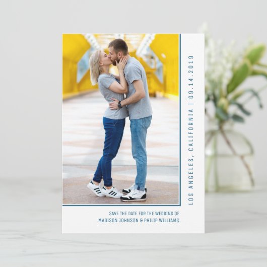 Eenvoudige lijnfoto De datum opslaan | Blauw Save The Date (Staand voorkant)