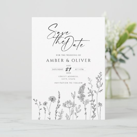 Eenvoudige Lijnkunst van Wilde Bloemen Save The Da Kaart (Staand voorkant)