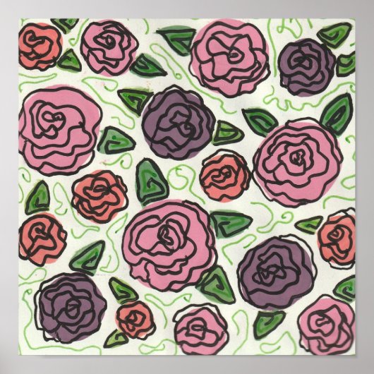 Eenvoudige lijntekening van rode en Paarse Rozen Poster (Voorkant)