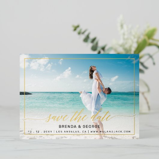 Eenvoudige Lijst kalligrafie 2 Foto's besparen de  Folie Uitnodiging (Staand Voorkant)