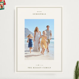 Eenvoudige Lijsten Moss Green op Beige Foto Kerst Feestdagenkaart