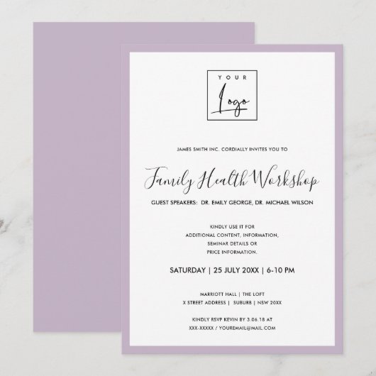 EENVOUDIGE LILA LAVENDER VAN UW LOGO WORKSHOP KAART (Voorkant / Achterkant)