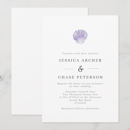 Eenvoudige Lila Seashell Beach bruiloft uitnodigin Kaart (Voorkant / Achterkant)