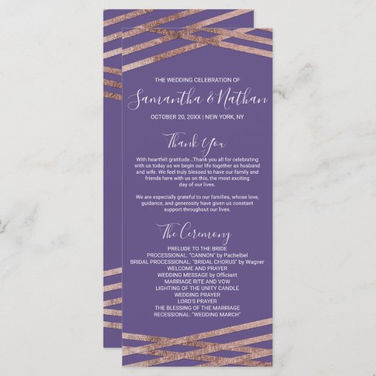 Eenvoudige Lined Roos Gold Violet Wedding Programm Programmakaart (Voorkant / Achterkant)