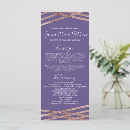 Eenvoudige Lined Roos Gold Violet Wedding Programm Programmakaart (Staand voorkant)