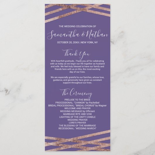 Eenvoudige Lined Roos Gold Violet Wedding Programm Programmakaart (Voorkant)