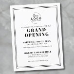 Eenvoudige Logo Business Grand Opening Invitation Briefkaart<br><div class="desc">Een slanke en minimalistische uitnodiging die is ontworpen voor een grootse opening, productlancering of merkevenement. De lay-out heeft een schone witte achtergrond met zwarte klassieke seriële typografie, een combinatie van eenvoudige en dikke lettertypestijlen voor een professionele en tijdloze look. Een eenvoudig lijst met dubbele lijnen voegt een elegante toets toe...</div>