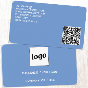 Eenvoudige Logo en QR Code Blauw Visitekaartje