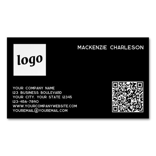 Eenvoudige Logo- en QR-code zwart Magnetisch Visitekaartje (Voorkant)