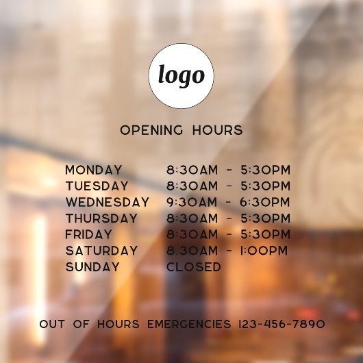 Eenvoudige Logo en tekst openingstijden Raamsticker (Vel 2)