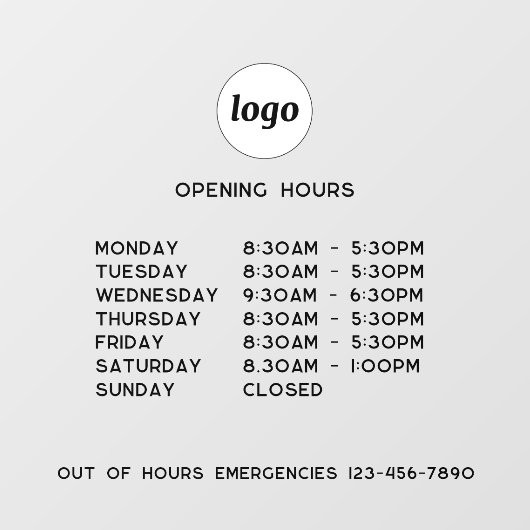 Eenvoudige Logo en tekst openingstijden Raamsticker (Vel)