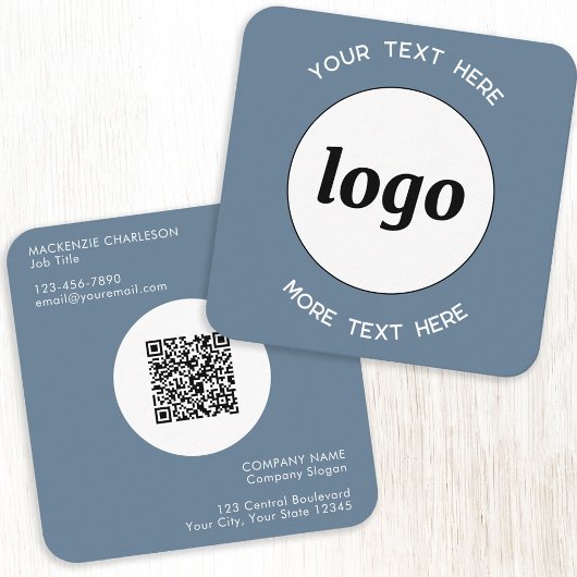 Eenvoudige Logo en tekst QR Code Dusty Blue Grey Vierkante Visitekaartje