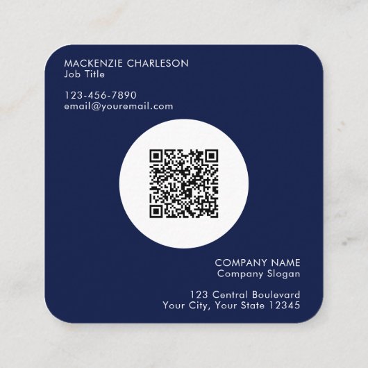 Eenvoudige Logo en Tekst QR Code Navy Blue Vierkante Visitekaartje (Achterkant)