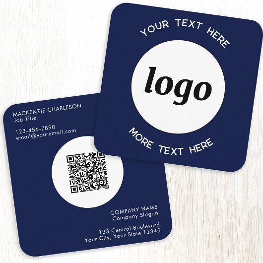 Eenvoudige Logo en Tekst QR Code Navy Blue Vierkante Visitekaartje