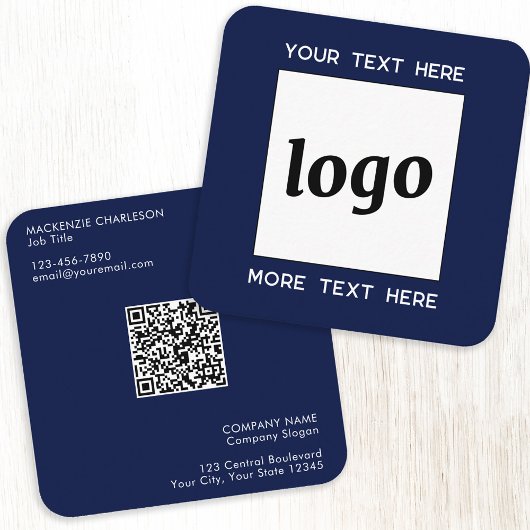 Eenvoudige Logo en Tekst QR Code Navy Blue Vierkante Visitekaartje