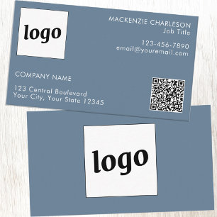 Eenvoudige Logo en Tekst QR Code Stof Blauw Grijs Visitekaartje