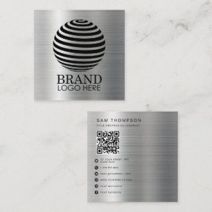 Eenvoudige Logo QR Code Modern Metallic Silver Vierkante Visitekaartje