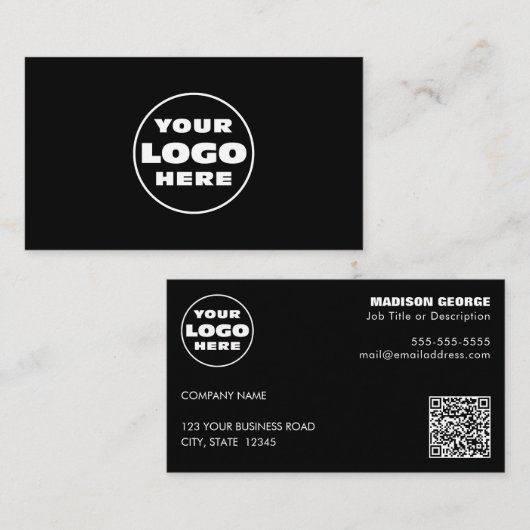 Eenvoudige Logo Tekst en QR code Zwart Visitekaartje (Voorkant / Achterkant)