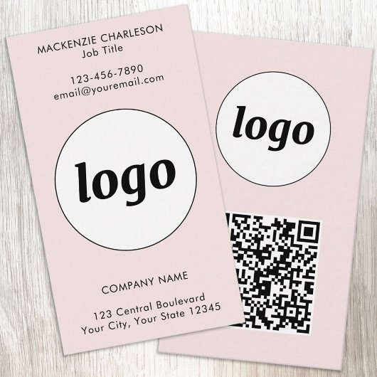 Eenvoudige Logo Tekst QR Code Verticaal Blush Roze Visitekaartje