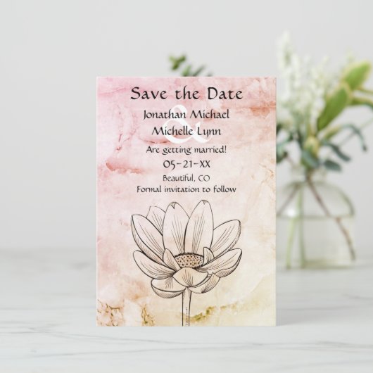 Eenvoudige lotusbloem | Roze Goud Marmer Grote Bru Save The Date (Staand voorkant)