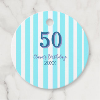 eenvoudige luchtblauwe strepen 50e verjaardag naam bedankjes labels