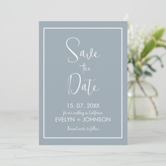 Eenvoudige luchtige blauw & Witte Elegante Minimal Save The Date (Staand voorkant)