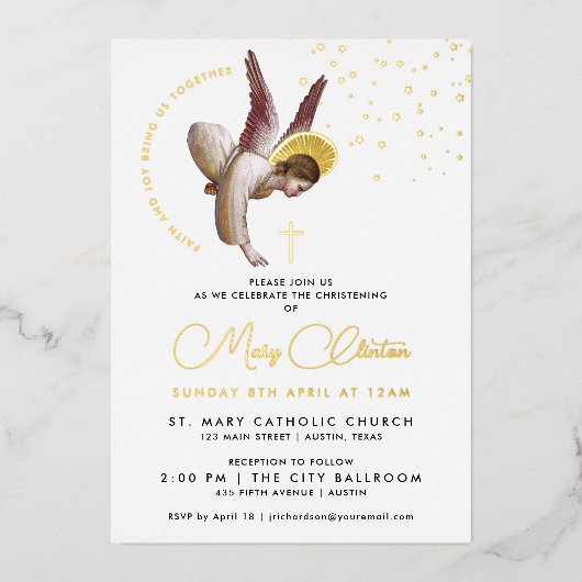 Eenvoudige Luxe Wit Goud Doop Engel Chic Script Folie Uitnodiging (Voorkant)
