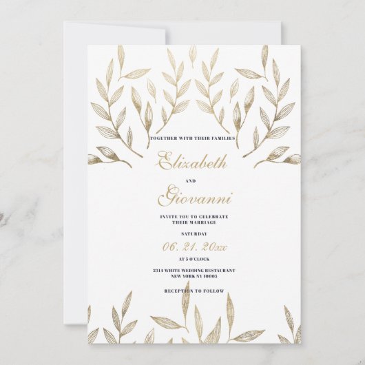 Eenvoudige luxe wit goud loof bloemenbruiloft kaart (Voorkant)