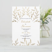 Eenvoudige luxe wit goud loof bloemenbruiloft kaart (Staand voorkant)