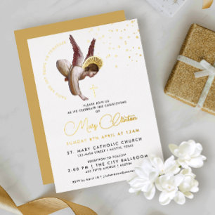 Eenvoudige Luxe Witte Gouden Doop Engel Chic Schri Folie Uitnodiging