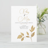 Eenvoudige luxe witte gouden gebladerte bruiloft kaart (Staand voorkant)