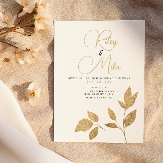 Eenvoudige luxe witte gouden gebladerte bruiloft kaart