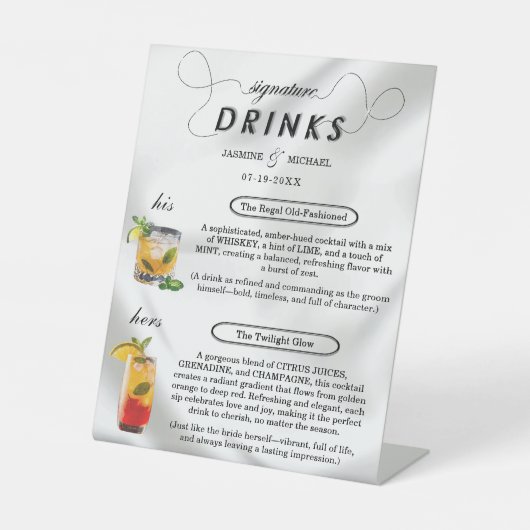 Eenvoudige Luxe Zwart Wit Trouwhandtekening Drink Reclamebord Met Voetstuk (Voorkant)