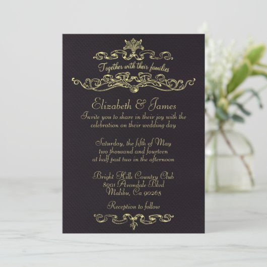 Eenvoudige Luxury Black en Gold Wedding-uitnodigin Kaart (Staand voorkant)