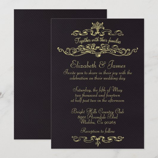 Eenvoudige Luxury Black en Gold Wedding-uitnodigin Kaart (Voorkant / Achterkant)