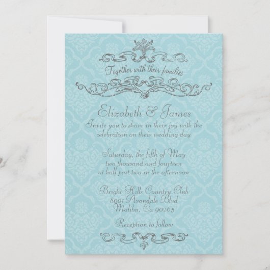 Eenvoudige Luxury Blue Damask Wedding Invitations Kaart (Voorkant)