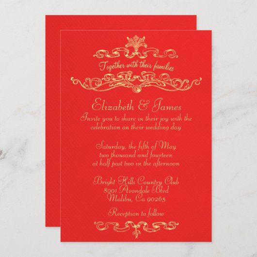 Eenvoudige Luxury Red- en Gold Wedding-uitnodiging Kaart (Voorkant / Achterkant)