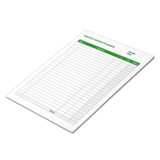 Eenvoudige maandelijkse budgetplanner Groen Notitieblok (Schuin)