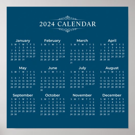 Eenvoudige maar elegante blauwe kalender 2024 | PO Poster (Voorkant)