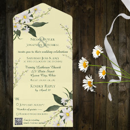 Eenvoudige madeliefjes op Bleek geel met QR-code All In One Uitnodiging