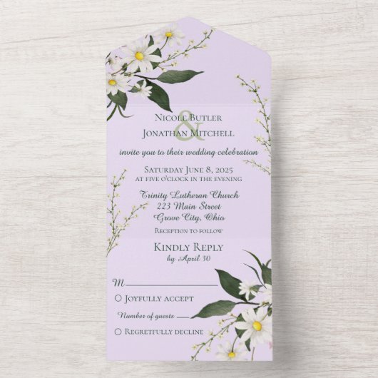 Eenvoudige madeliefjes op Bleke lavendel All In One Uitnodiging (Binnen)