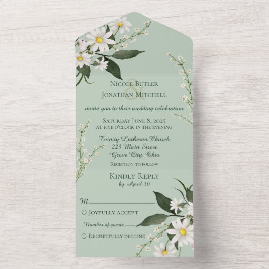 Eenvoudige madeliefjes op Sage Green All In One Uitnodiging (Binnen)