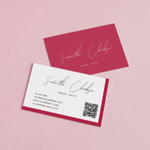 Eenvoudige Magenta Hot Pink Handgeschreven QR-code Visitekaartje